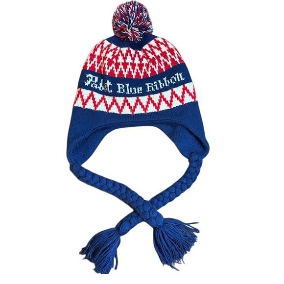 Pabst Blue Ribbon hat Pom beer PBR beanie earflaps w tassels red blue white - Picture 1 of 6